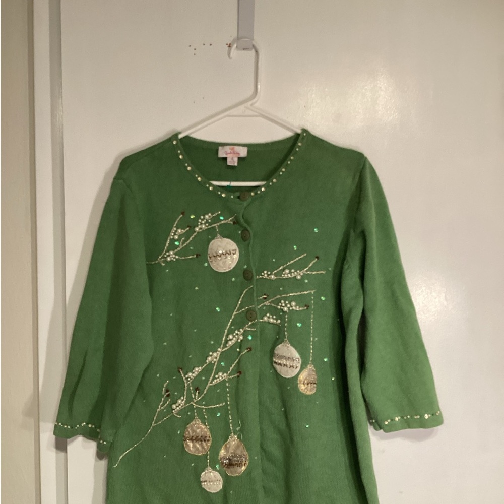 Quacker Factory Green Sweater with Pearls and Beaded Accents Ornaments